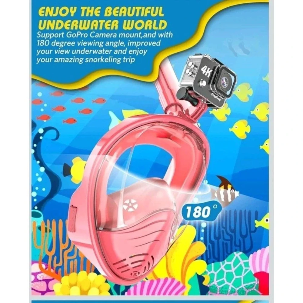Pink Kids Full Face Snorkel Mask Dry Top Snorkel 180° View Anti-Fog XS